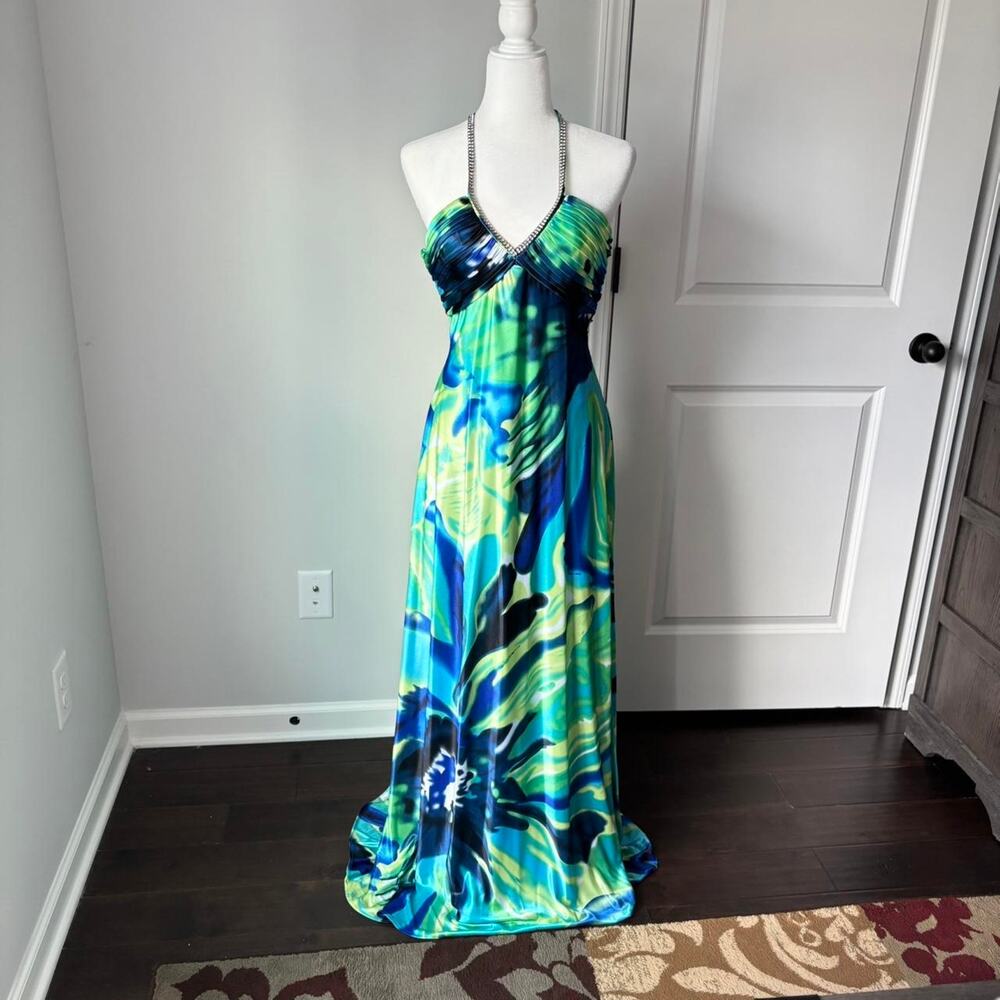 Vintage Y2K Morgan & Co. blue and green formal dress and open back